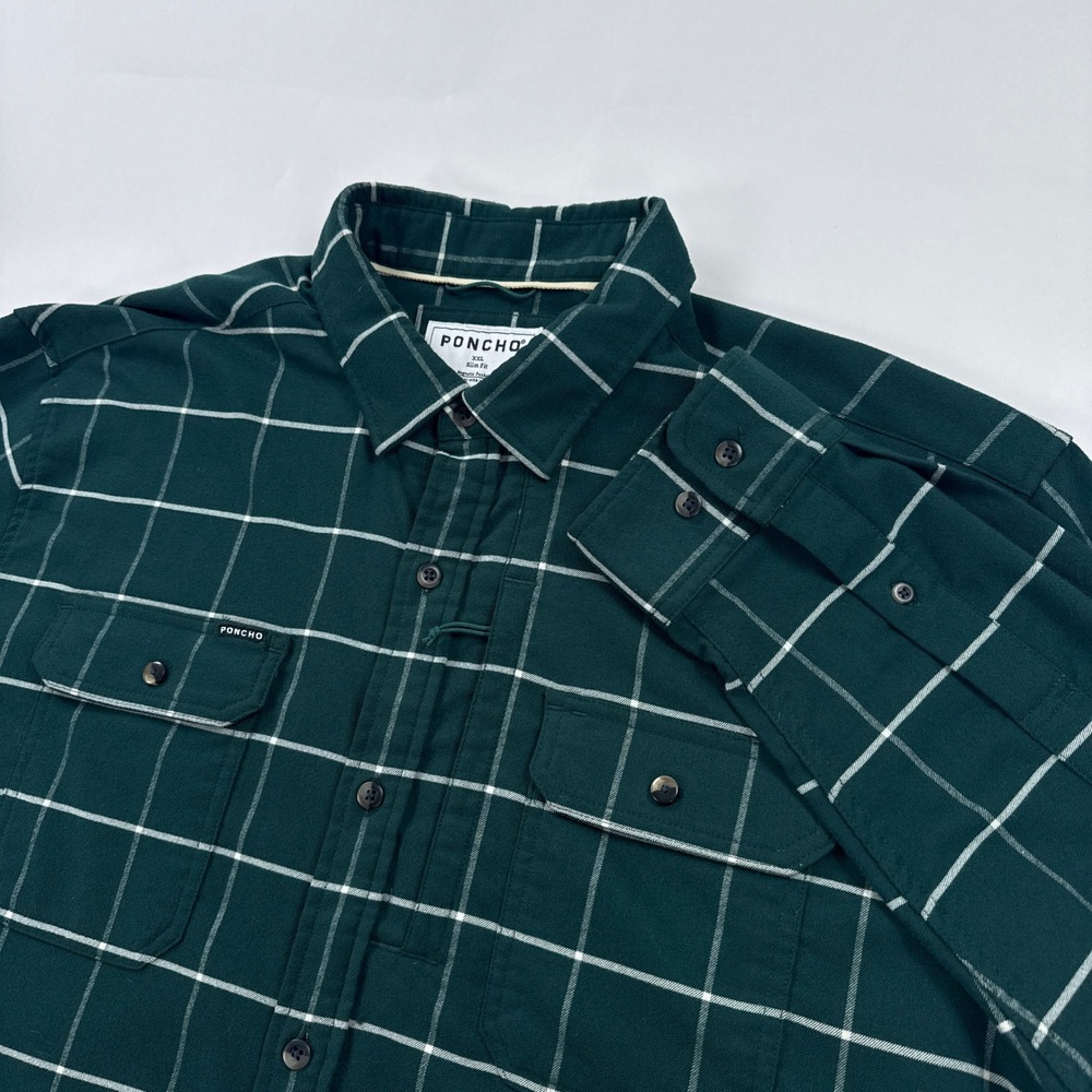 Poncho Mens Shirt XXL Green Plaid Flannel Slim Fit Magnetic Pocket Button Up